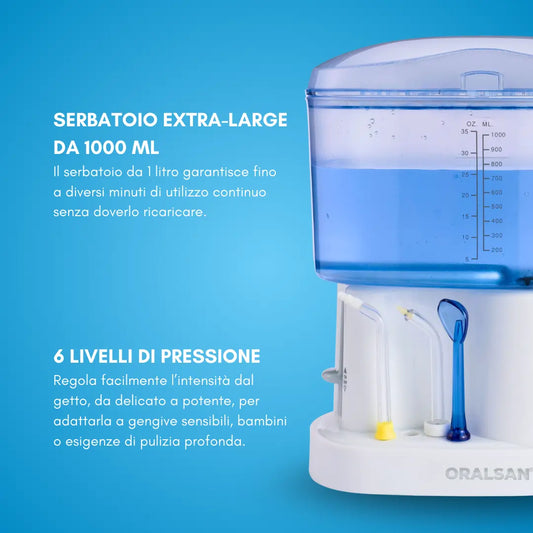ORALSAN® WF7 Idropulsore Elettrico Family - Serbatoio 1000 ml, 6 Regolazioni di Pressione e 11 Puntali per Igiene Orale e Nasale Ids SpA
