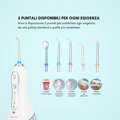 ORALSAN® WF5 Idropulsore Dentale Cordless da Viaggio - Serbatoio 300 ml, 5 Modalità, Waterproof Ids SpA