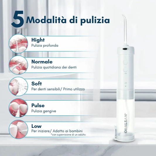 ORALSAN® WF3 Compact Idropulsore Dentale Portatile - Serbatoio Richiudibile, 5 Modalità di Pulizia Ids SpA