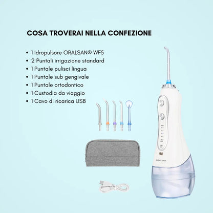 ORALSAN® WF5 Idropulsore Dentale Cordless da Viaggio - Serbatoio 300 ml, 5 Modalità, Waterproof Ids SpA
