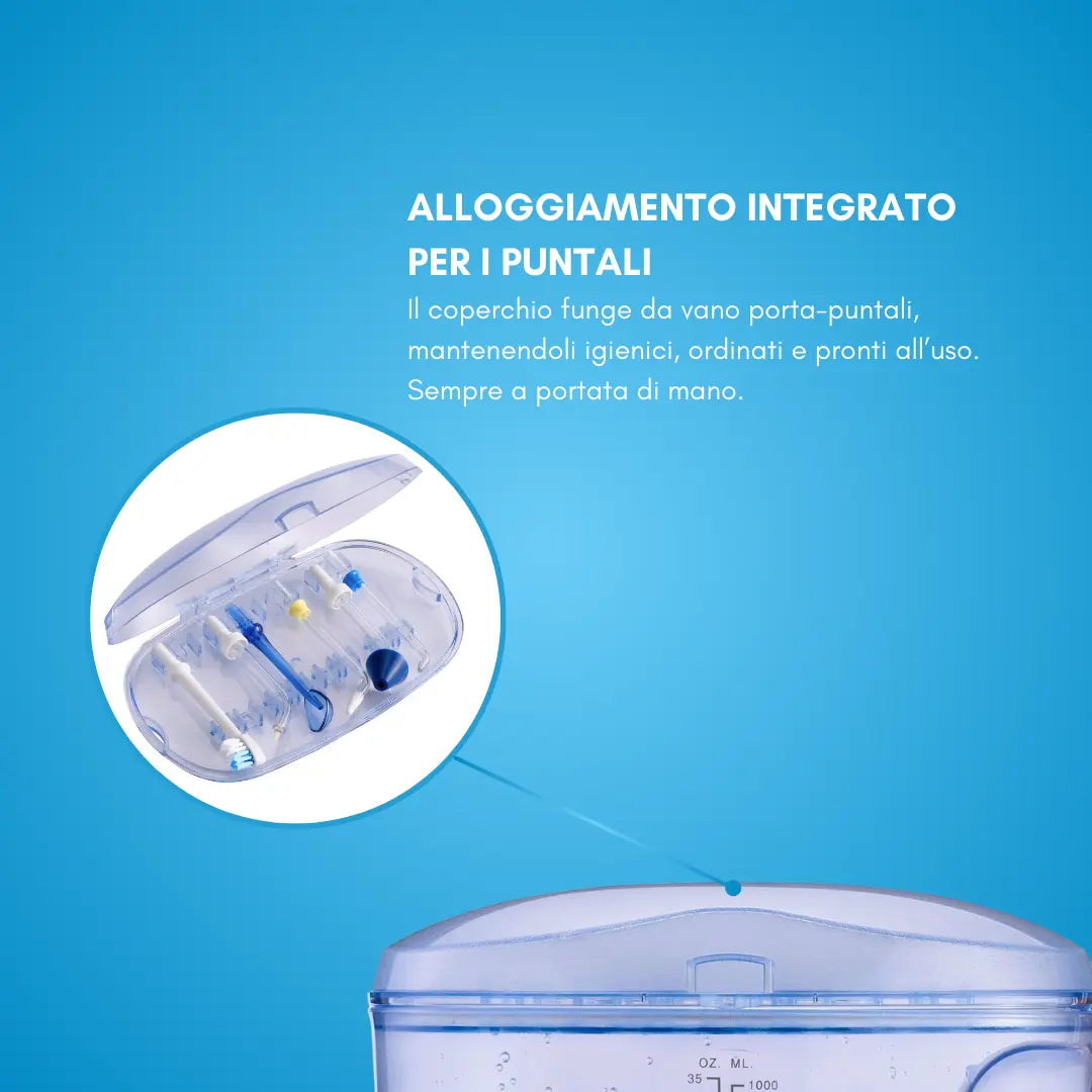 ORALSAN® WF7 Idropulsore Elettrico Family - Serbatoio 1000 ml, 6 Regolazioni di Pressione e 11 Puntali per Igiene Orale e Nasale Ids SpA