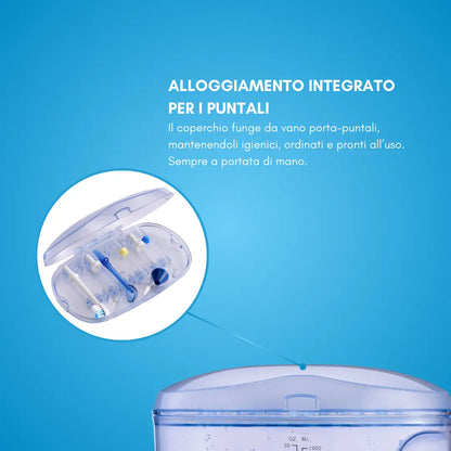 ORALSAN® WF7 Idropulsore Elettrico Family - Serbatoio 1000 ml, 6 Regolazioni di Pressione e 11 Puntali per Igiene Orale e Nasale Ids SpA