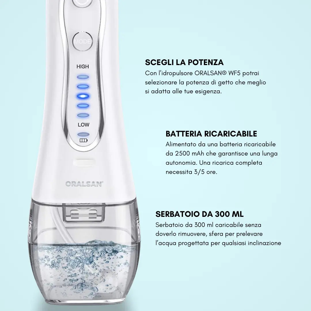 ORALSAN® WF5 Idropulsore Dentale Cordless da Viaggio - Serbatoio 300 ml, 5 Modalità, Waterproof Ids SpA