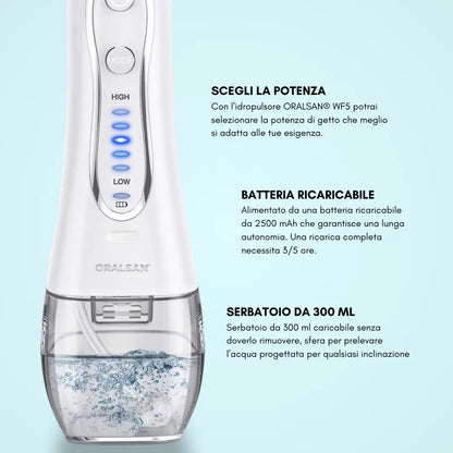 ORALSAN® WF5 Idropulsore Dentale Cordless da Viaggio - Serbatoio 300 ml, 5 Modalità, Waterproof Ids SpA