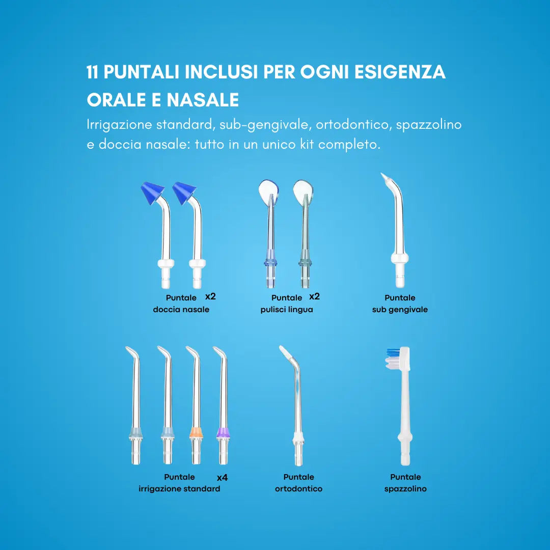 ORALSAN® WF7 Idropulsore Elettrico Family - Serbatoio 1000 ml, 6 Regolazioni di Pressione e 11 Puntali per Igiene Orale e Nasale Ids SpA