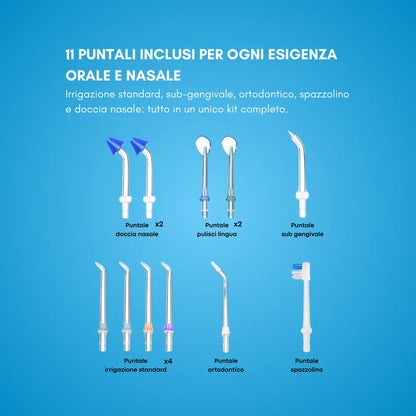 ORALSAN® WF7 Idropulsore Elettrico Family - Serbatoio 1000 ml, 6 Regolazioni di Pressione e 11 Puntali per Igiene Orale e Nasale Ids SpA