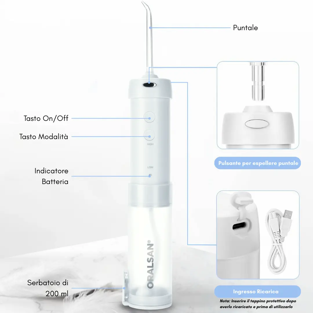 ORALSAN® WF3 Compact Idropulsore Dentale Portatile - Serbatoio Richiudibile, 5 Modalità di Pulizia Ids SpA
