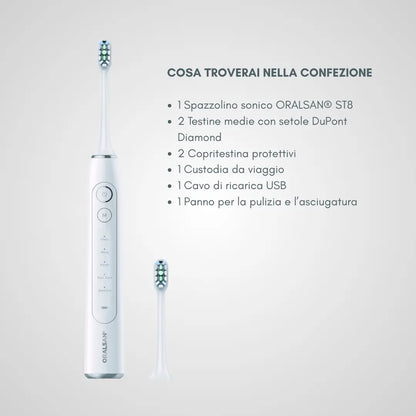 ORALSAN® ST8 Spazzolino Elettrico Sonico - 5 Modalità, 38.000 Oscillazioni, Setole DuPont Diamond Ids SpA