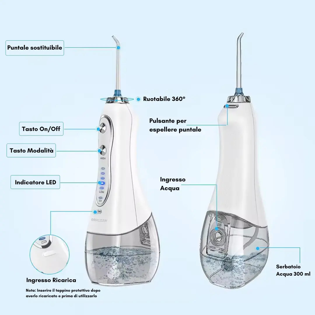 ORALSAN® WF5 Idropulsore Dentale Cordless da Viaggio - Serbatoio 300 ml, 5 Modalità, Waterproof Ids SpA