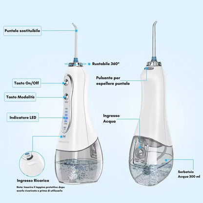ORALSAN® WF5 Idropulsore Dentale Cordless da Viaggio - Serbatoio 300 ml, 5 Modalità, Waterproof Ids SpA