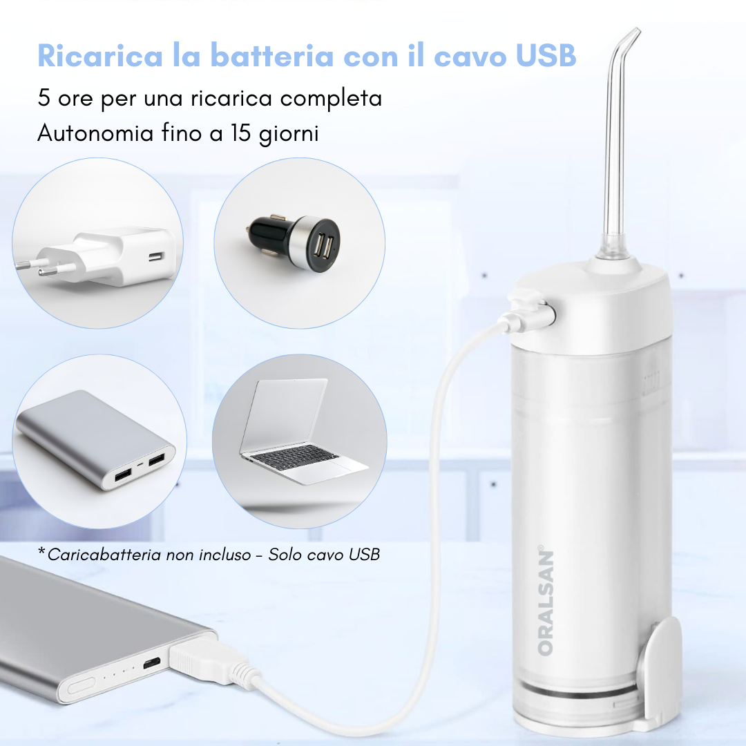 ORALSAN® WF3 Compact Idropulsore Dentale Portatile - Serbatoio Richiudibile, 5 Modalità di Pulizia