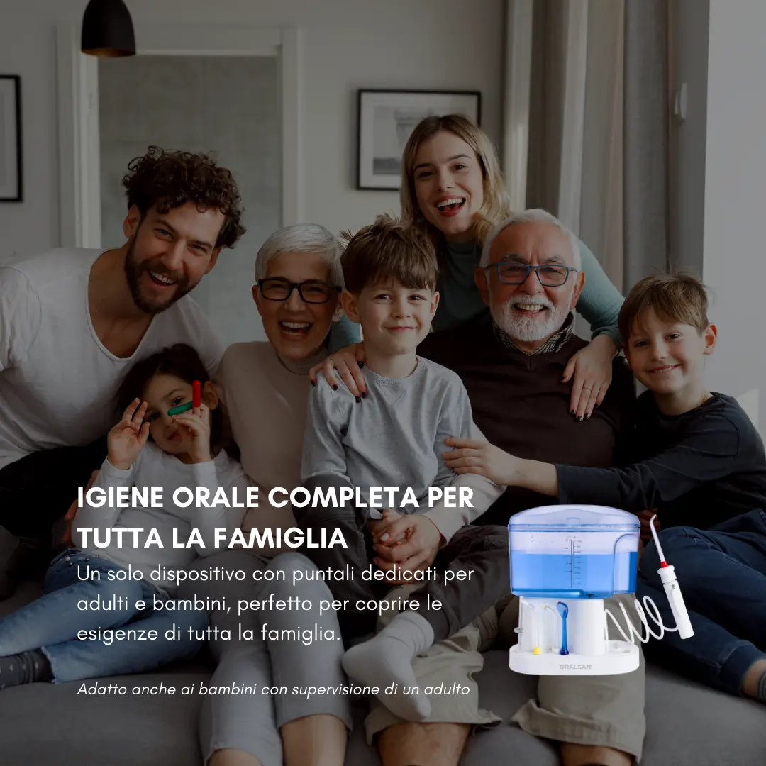 ORALSAN® WF7 Idropulsore Elettrico Family - Serbatoio 1000 ml, 6 Regolazioni di Pressione e 11 Puntali per Igiene Orale e Nasale Ids SpA